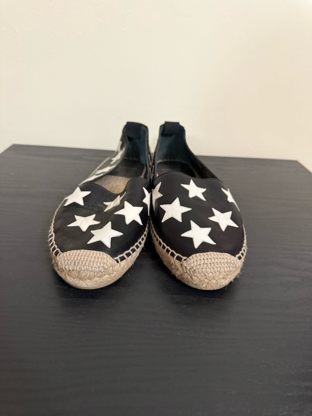 Saint Laurent Size 38.5 Black Leather White Star Espadrilles Loafers - Picture 2 of 9